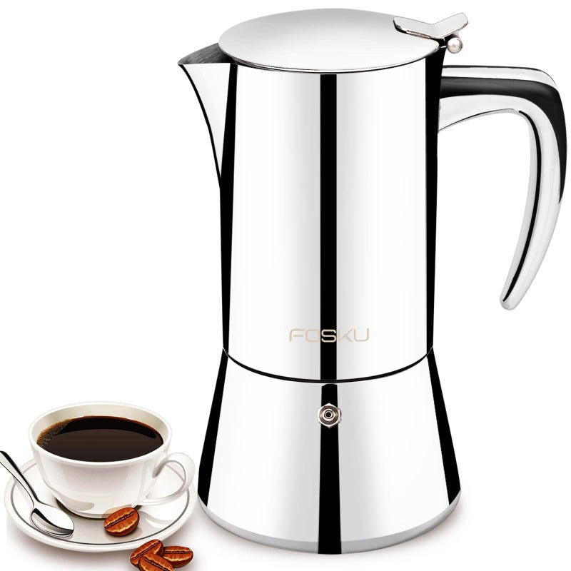 FOSKU Stovetop Espresso Maker, Stainless Steel Moka Pot, Italian Style Coffee Maker, Espresso Pot For 6 Cups, 300ml (Silver) - Image 1